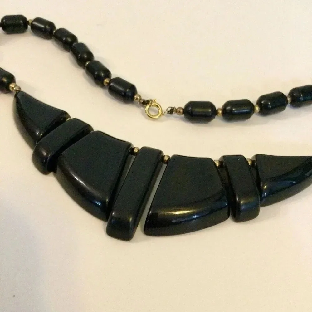 Vintage Womens Black Paddle Barrel Shape Beads Chunky Statement Necklace Jewelry